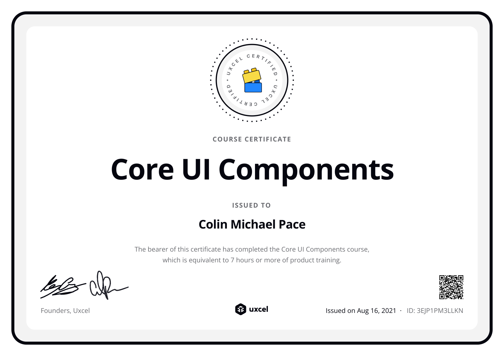 Colin Michael Pace's certificate